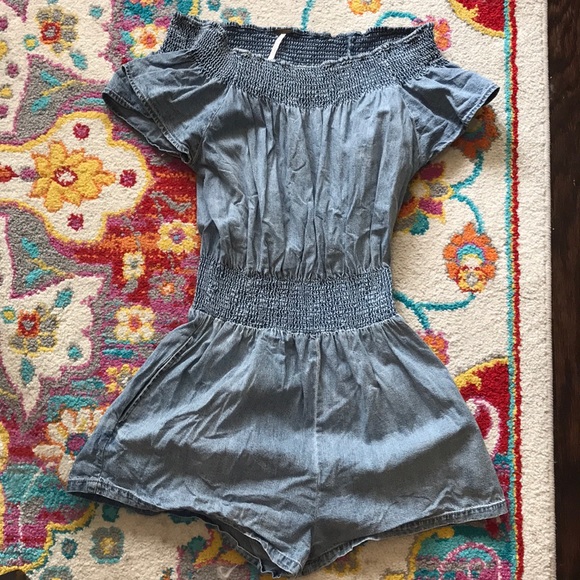 COPY - Free people off the shoulder jean romper - Picture 1 of 3